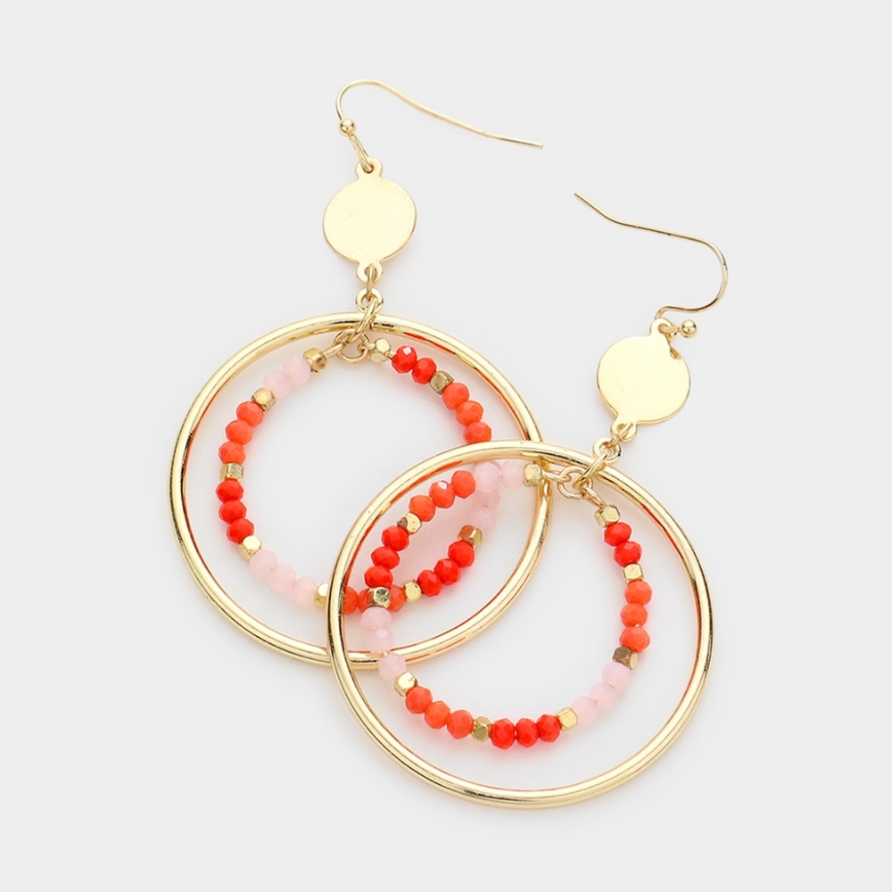 Orange Beaded Faceted Drop Hoop Dangle Earrings Fashion Statement Accessories